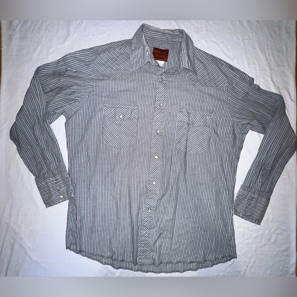 Rustler X-Long Tails Men’s Pearl Snap Grey Blue Striped Button Up Shirt Sz M-L